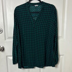 MEAKEOR Long Sleeve Lightweight Green Checkered Women's V-neck Blouse XL
